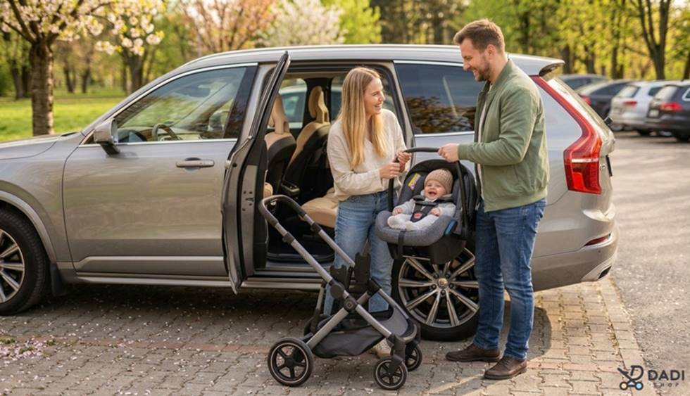 Wózek 3w1 – wpinanie fotelika niemowlęcego w stelaż wózka.